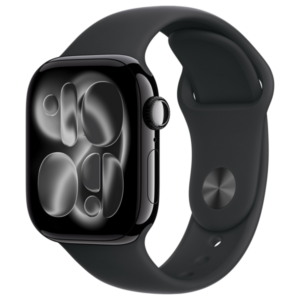 Refurbished Apple Watch Series 11 in zwart met zwarte sportband en een abstracte grijze wijzerplaat